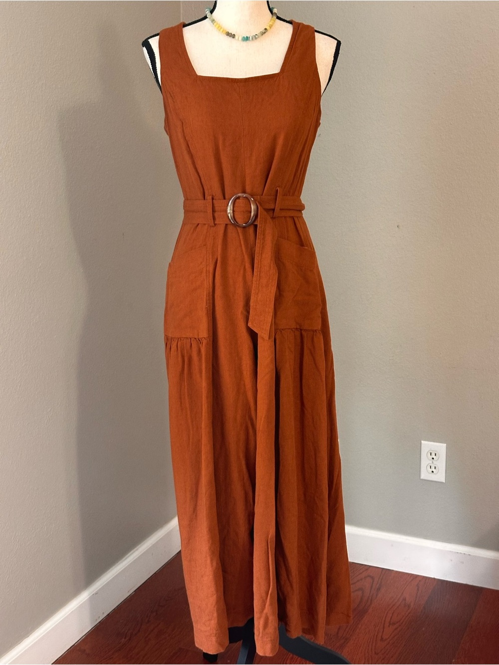 Sleeveless Indie Rust Belted Linen Blend Wide Legs Large Pockets Jumpsuit